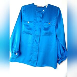 Pretty Karen Scott Electric Blue Blouse Shirt Sheen Shine Size 6 Chest 38"